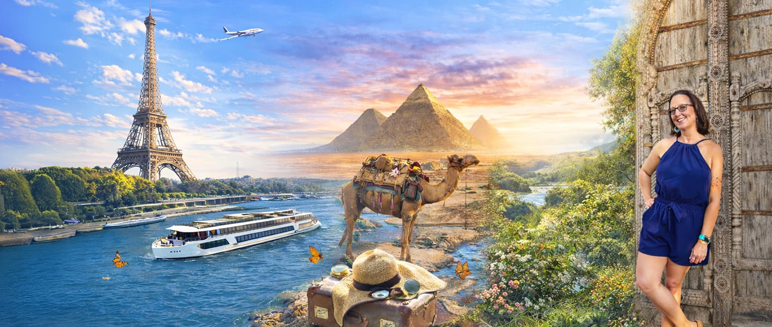 female travel destinations - river cruise, camel in desert, nature, women over 40